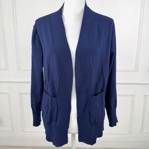 Navy Blue Open Front Cardigan Sweater Shawl Collar XL Ribbed Knit‎ Pockets